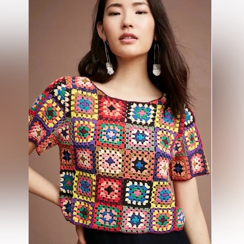 FARM Rio Red Croched Cropped Boxy Blouse
